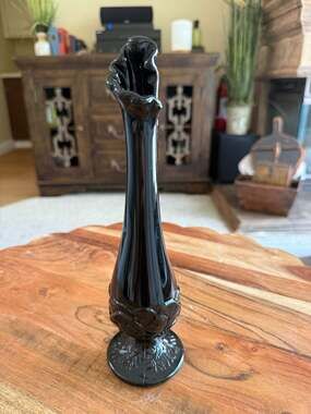 Vintage Fenton Black Amethyst Glass Pedestal Thumbprint Swung Bud Vase